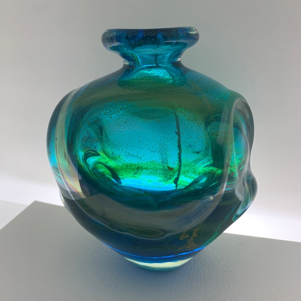 Vintage Mdina Pulled Ear Vase - Blue with Green and Yellow streaks - Signed